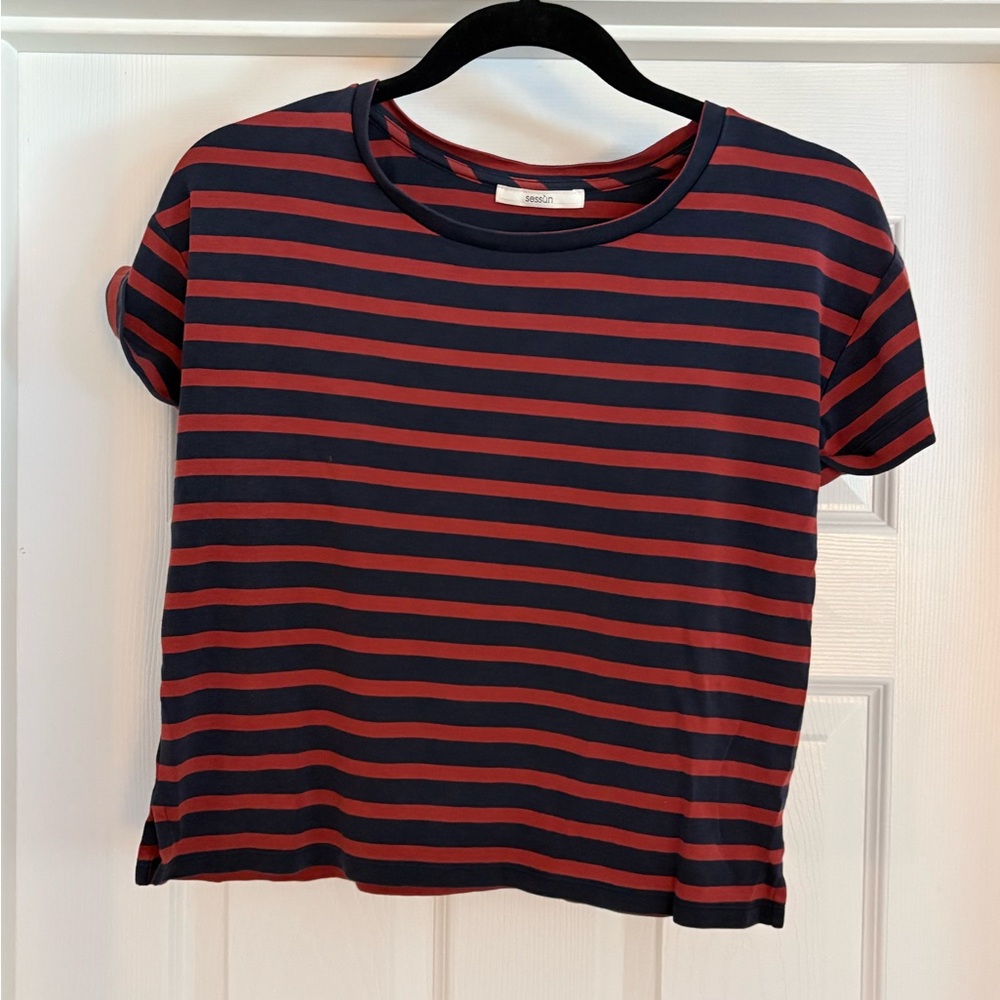 Sessùn Navy & Rust Striped Tee XS Lyocell Cotton